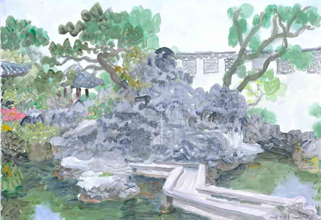周春芽,《环秀山庄》,纸本丙烯&中国画颜料,2018.感谢艺术家及玉兰堂